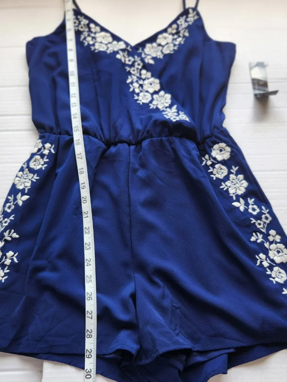 Trixxi Women Size L Blue Faux Surplice Floral Embroidered Strappy Sleeve Romper